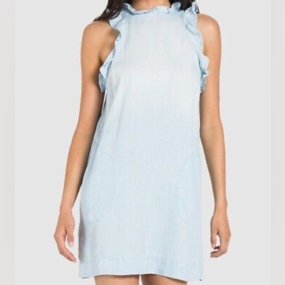 CLOTH & STONE CHAMBRAY MINI DRESS RUFFLE HALTER NECK BLUE SIZE SMALL - Picture 1 of 16